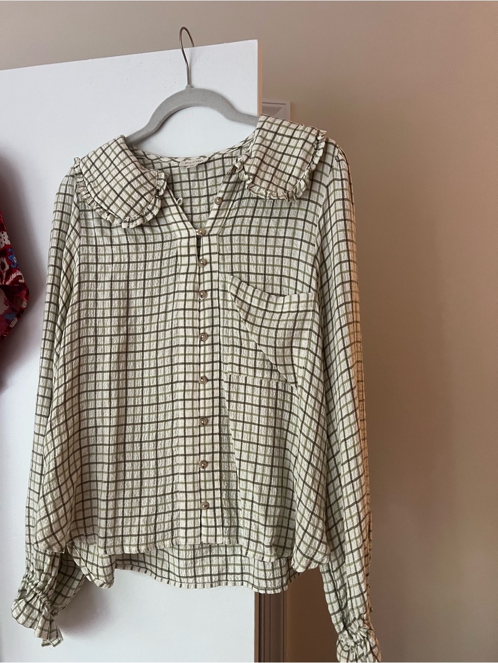 Anthropologie Checked Button-Up Blouse in Cream & Olive